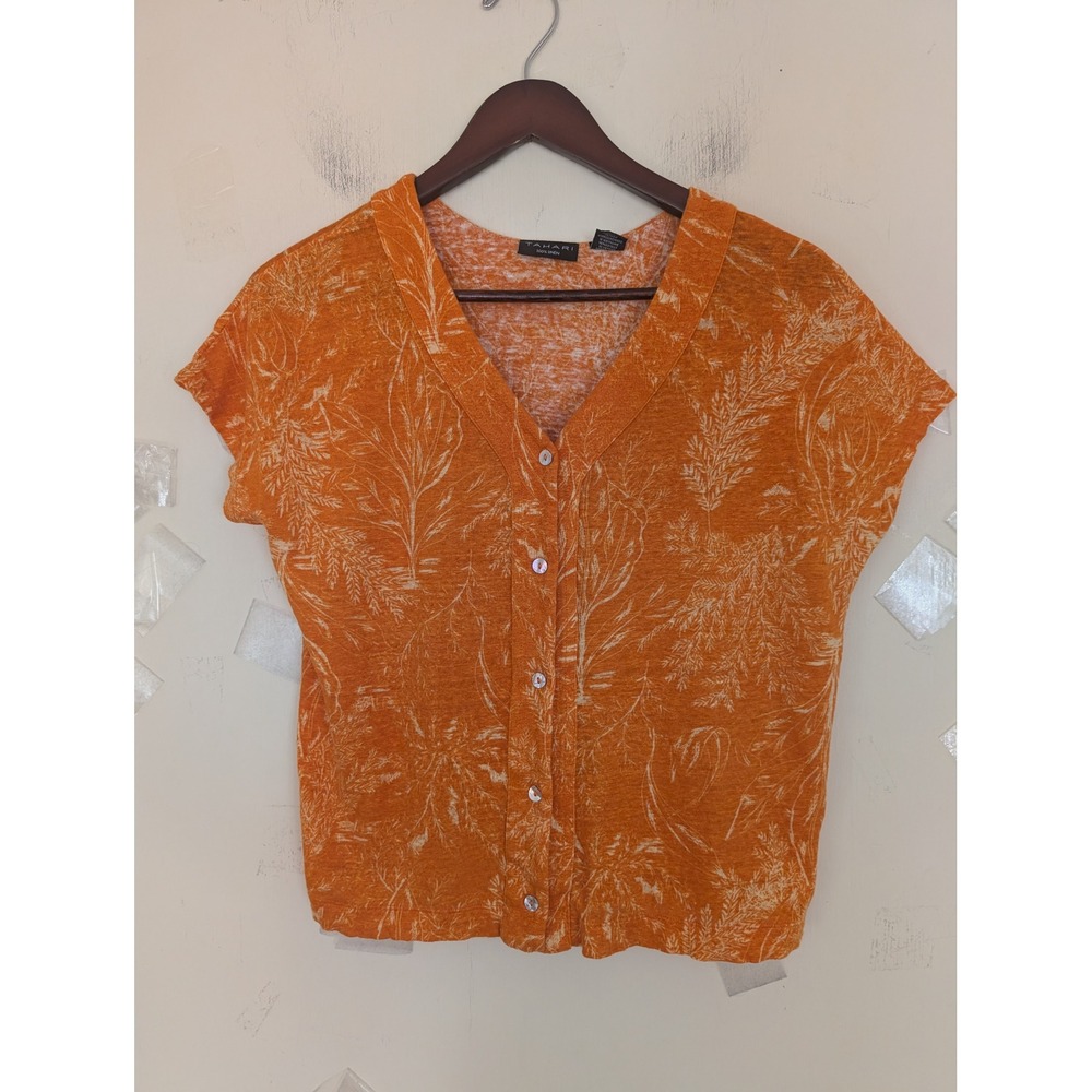 Tahari Womens M Orange White Linen‎ Botanical Print V-Neck Button Up Top